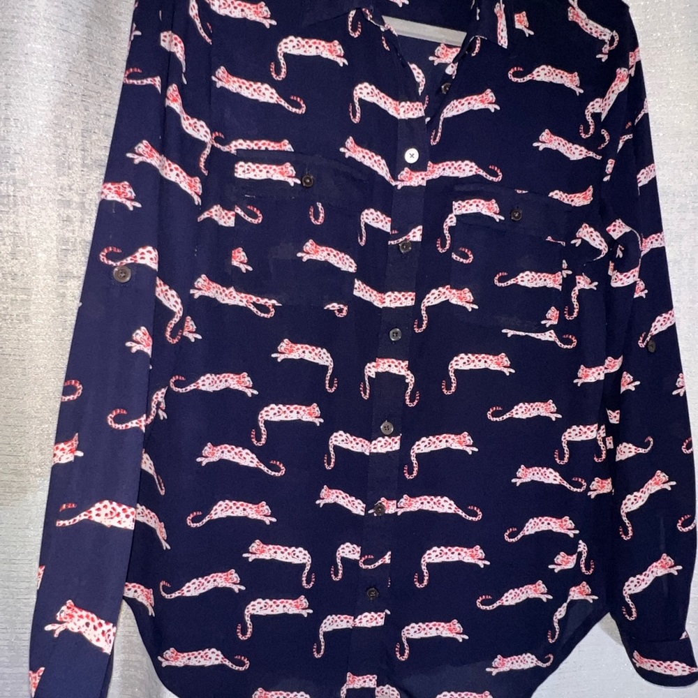 LOFT Navy Top with Red and White Leopard Design
